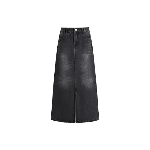Wen Shan Denim Long Skirts Women's Elegant Black