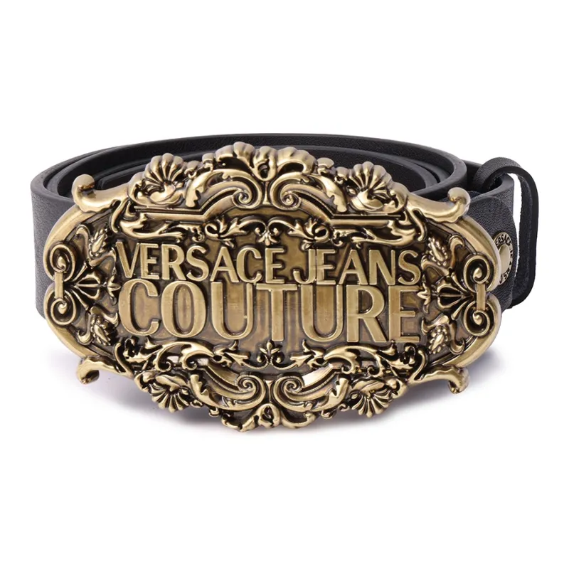VERSACE JEANS COUTURE Logo Buckle Smooth Comfortable Cow Leather Leather Belts Men's Black Width  3cm-0