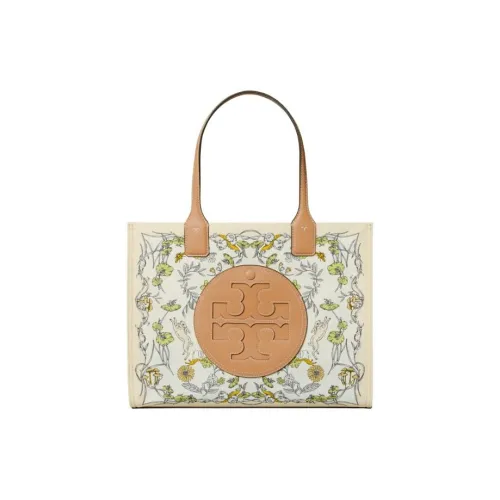 TORY BURCH Ella Fabric Artificial Leather Tote Bag Shopping Bag Handbag Small Size Women's White Print