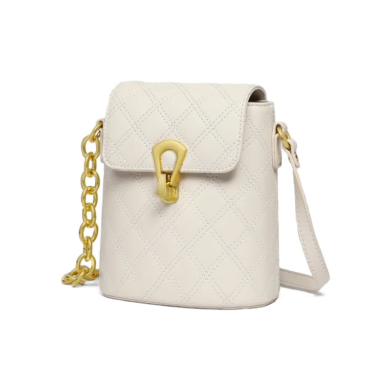 PT'SON Cow Leather With Synthetic Leather Chain Bag, Shoulder Bag, Crossbody Bag Regular Women's Ecru-1