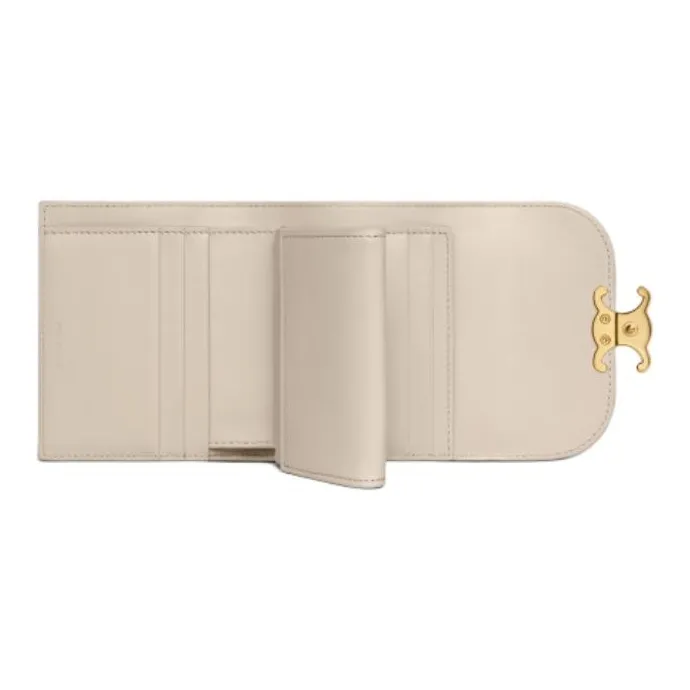 CELINE Triomphe Shiny Cow Leather Card Holder Wallet Small Size Women's Light Stone Color-3