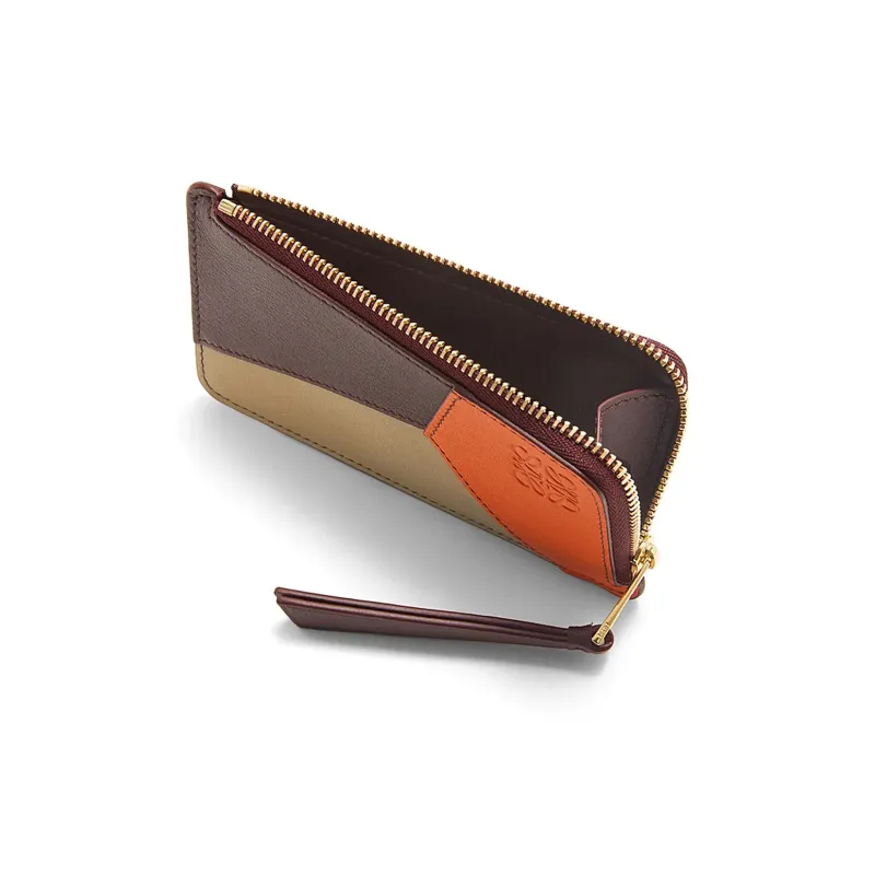 LOEWE Puzzle Cow Leather Card Holder Women's Deep Burgundy With Bright Orange Accents-2