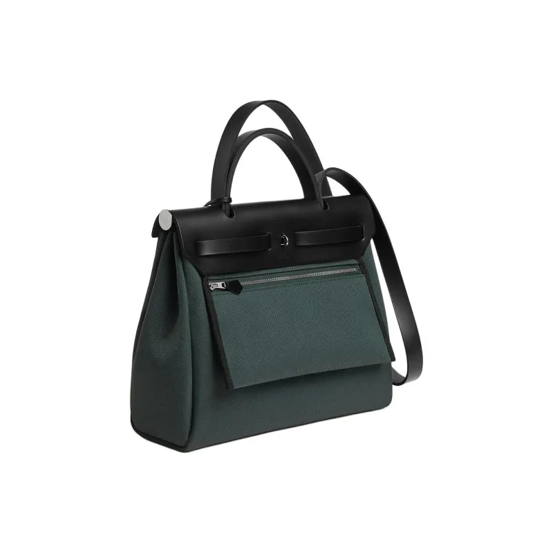 HERMES Herbag Zip Canvas With Hunter Cow Leather Handbag Shoulder Bag Crossbody Bag Women's Lululemon Green/Black-2