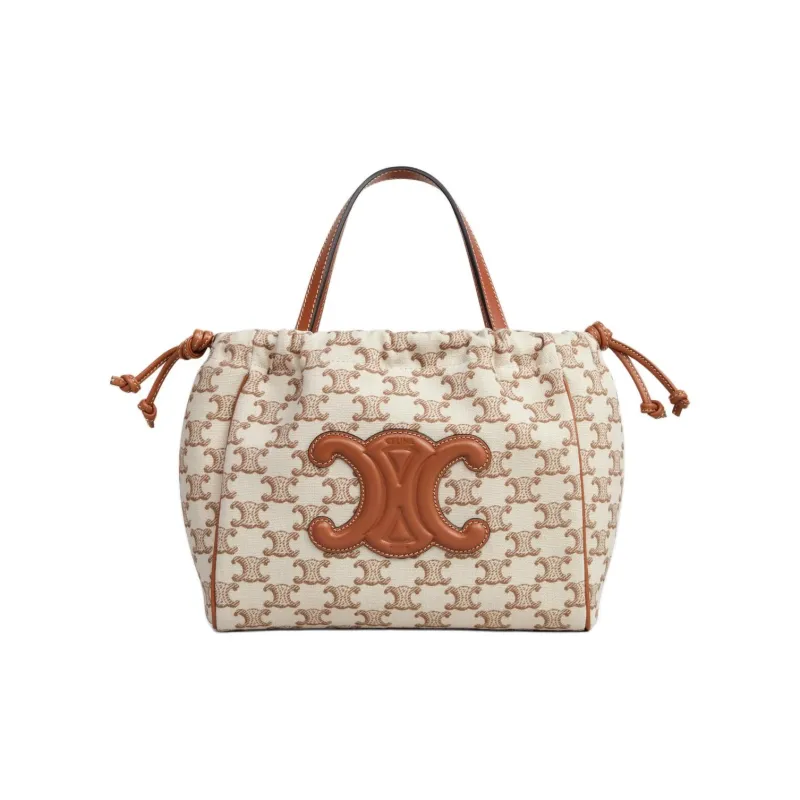 CELINE Cabas Fabric With Cow Leather Binding Shoulder Bag, Crossbody Bag, Handbag Trumpets Women's Brown & White-0