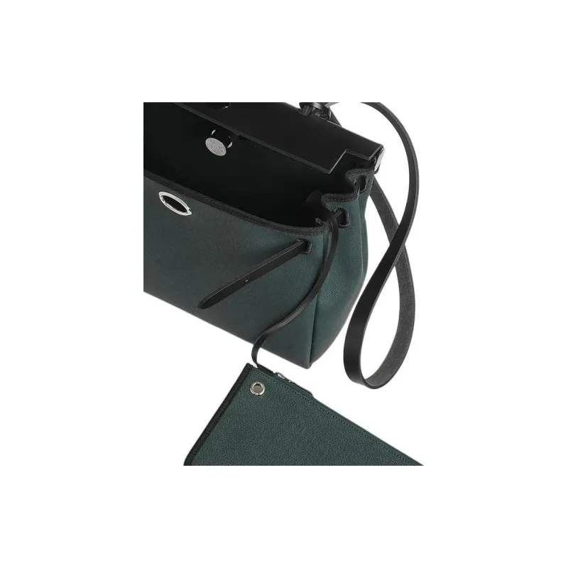 HERMES Herbag Zip Canvas With Hunter Cow Leather Handbag Shoulder Bag Crossbody Bag Women's Lululemon Green/Black-3
