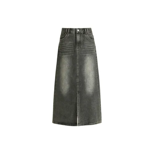 Wen Shan Denim Long Skirts Women's Vintage Brown