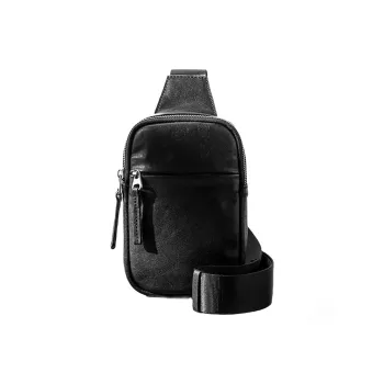 Back Step Cow Leather One Shoulder Crossbody Sling Bag With Cell Phone Pouch Small Size Unisex Black
