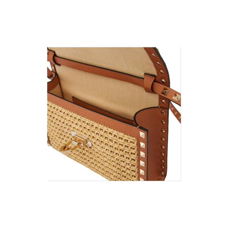 Valentino ROCKSTUD Raffia Portable Crossbody Bag Shoulder Bag Women's Natural Color & Almond-5