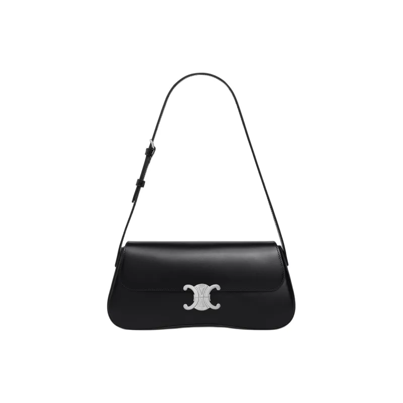 CELINE Shiny Calfskin Handbag Shoulder Bag Medium Size Women's Black-3