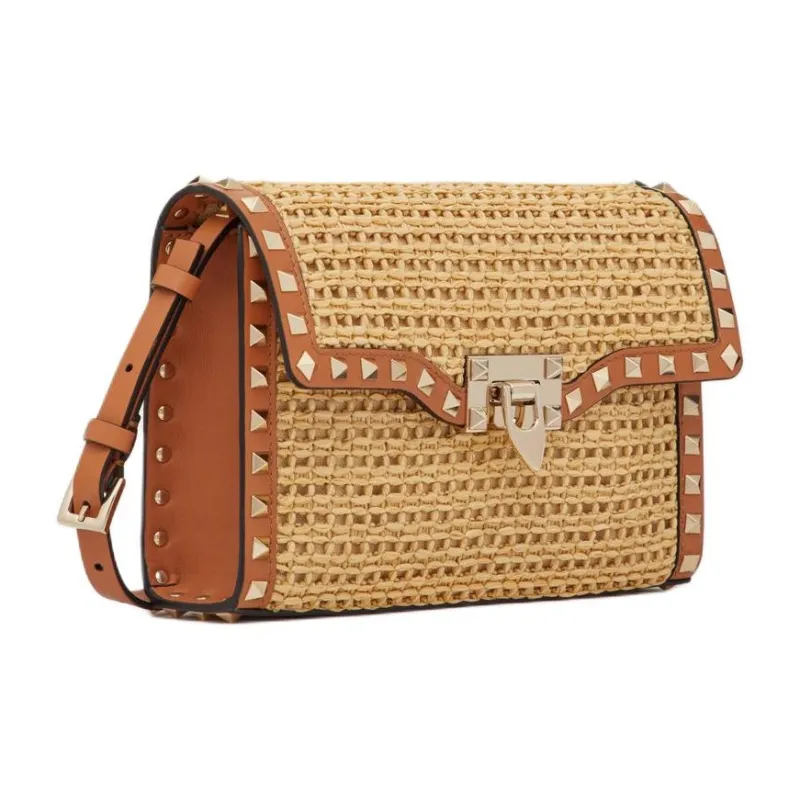 Valentino ROCKSTUD Raffia Portable Crossbody Bag Shoulder Bag Women's Natural Color & Almond-1