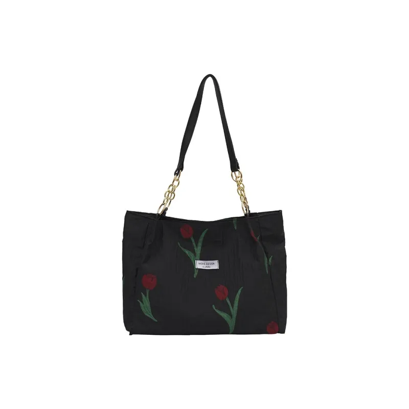 Techson Fabric Storage Bag, Handbag, Tote Bag, Shoulder Bag Medium Size Unisex Ecru/Green/Black-4