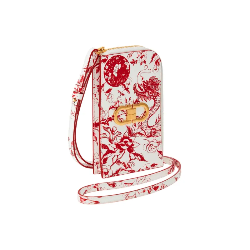 FERRAGAMO GANCINI Cow Leather Cell Phone Pouch Shoulder Bag Crossbody Bag Wallet Women's White & Red-1