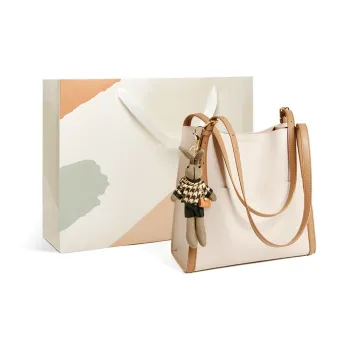 15 MINS Cow Leather Shoulder Bag Tote Bag Pack Large Size Women's Ecru & Apricot