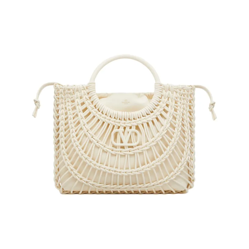 Valentino Leather Tote Bag Shopping Bag Handbag Women's Ivory White-0