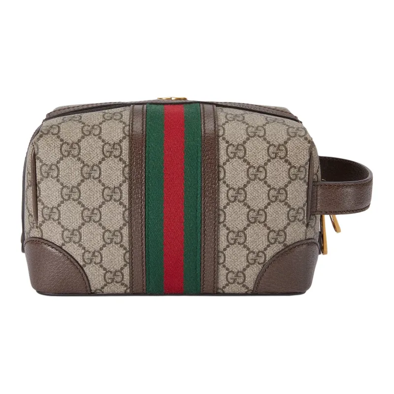 GUCCI Canvas With Leather Makeup Bag Men's Beige & Ebony-3
