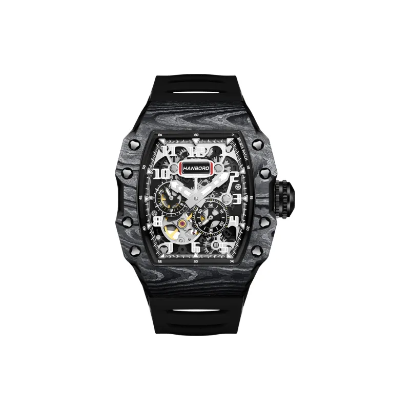 HANBORO Mechanical Movement Rubber Strap Watch Men's Watches Black Dial-0