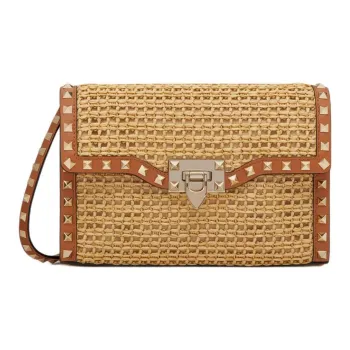 Valentino ROCKSTUD Raffia Portable Crossbody Bag Shoulder Bag Women's Natural Color & Almond