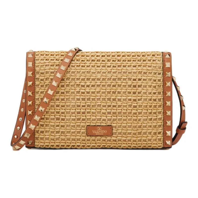 Valentino ROCKSTUD Raffia Portable Crossbody Bag Shoulder Bag Women's Natural Color & Almond-3
