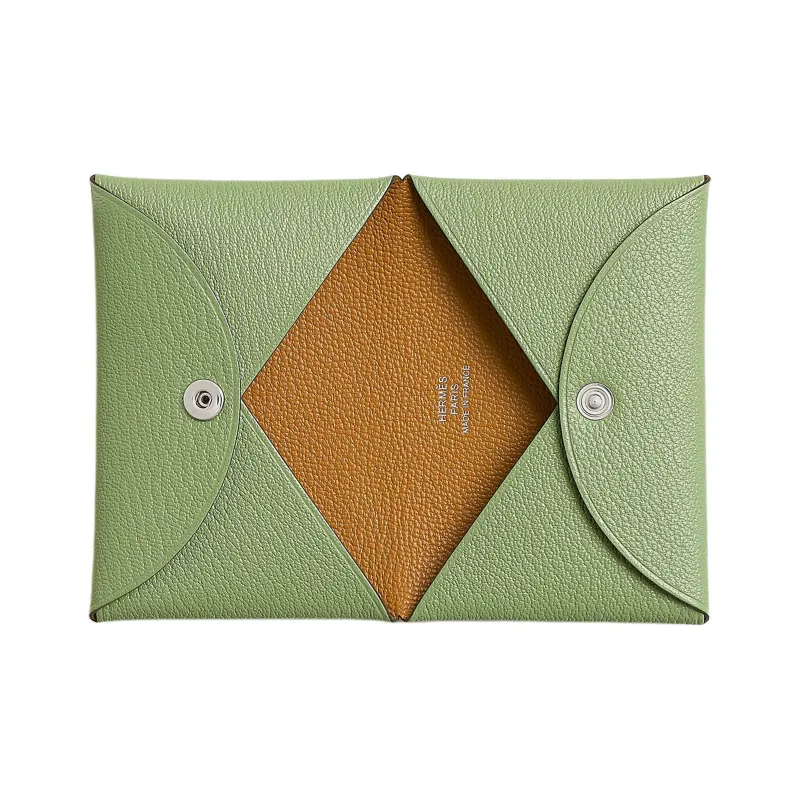 HERMES Calvi Chevre Mysore Goatskin Wallet Coin Purse Card Holder Women's Prickly Acacia Green With Caramel-1