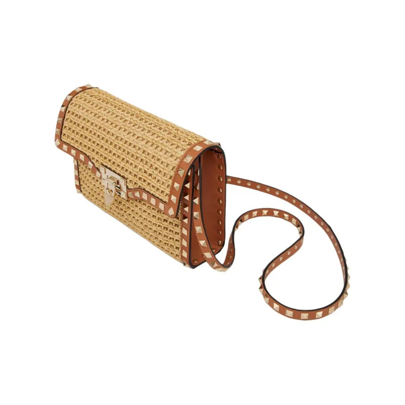 Valentino ROCKSTUD Raffia Portable Crossbody Bag Shoulder Bag Women's Natural Color & Almond-4