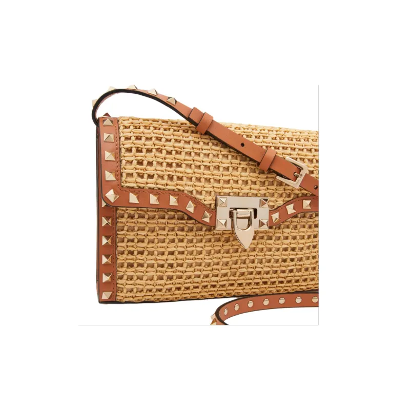 Valentino ROCKSTUD Raffia Portable Crossbody Bag Shoulder Bag Women's Natural Color & Almond-6