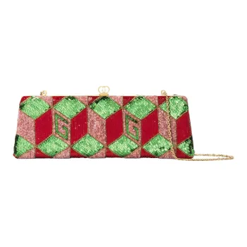 GUCCI Broadway Sequins Embroidery Cloud Pattern Fabric Evening Party Clutch Small Size Women's Red & Multicolor