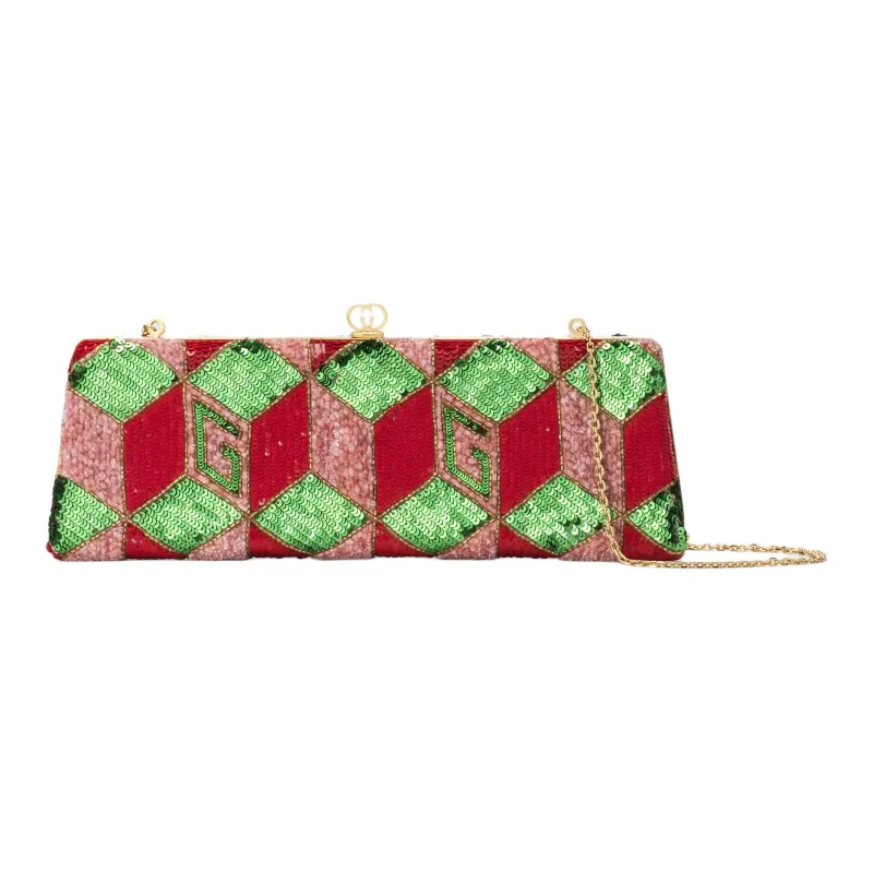 GUCCI Broadway Sequins Embroidery Cloud Pattern Fabric Evening Party Clutch Small Size Women's Red & Multicolor-0