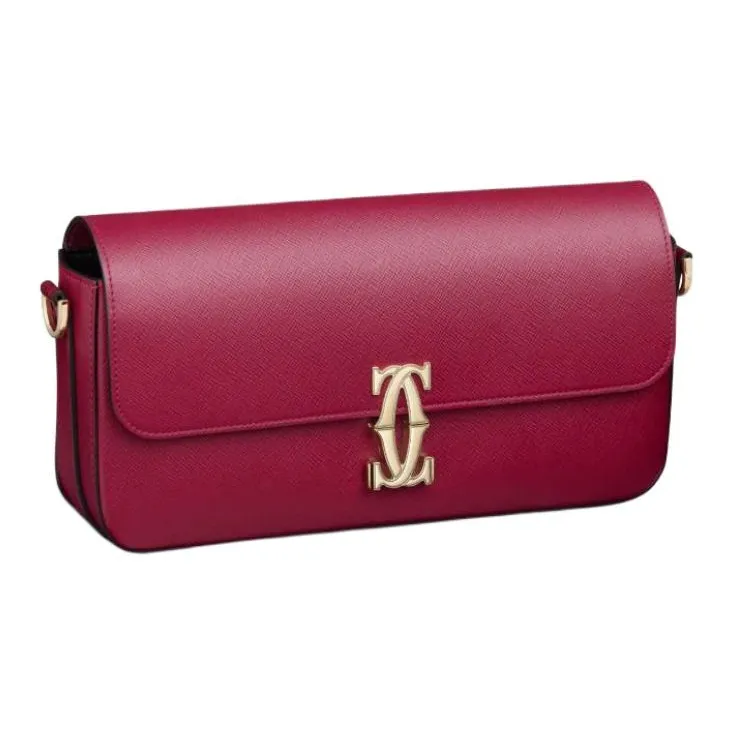 CARTIER C De Cartier Collection Textured Calfskin Shoulder Bag Crossbody Bag Cherry Red-1