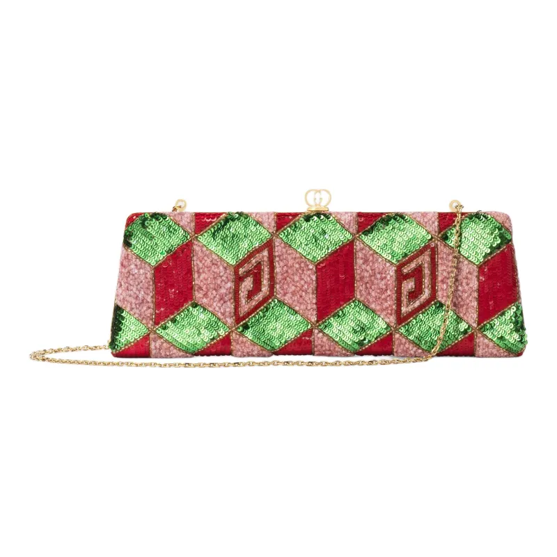 GUCCI Broadway Sequins Embroidery Cloud Pattern Fabric Evening Party Clutch Small Size Women's Red & Multicolor-3