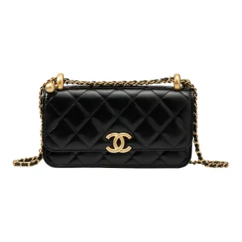 CHANEL Shiny Calfskin Shoulder Bag, Crossbody Bag, Cell Phone Pouch Women's Black