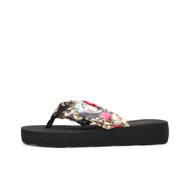 XMISTUO Bohemian Gold Satin Wedge Heel Sandal With Adjustable Strap Flip Flops Women's-0