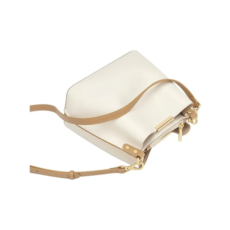 CNOLES Split Cow Leather Bucket Bag, Portable Crossbody Bag, Shoulder Bag Medium Size Women's Italian Milk Coffee-4