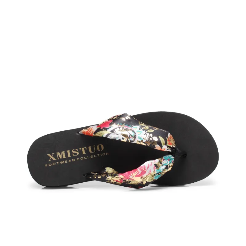 XMISTUO Bohemian Gold Satin Wedge Heel Sandal With Adjustable Strap Flip Flops Women's-2