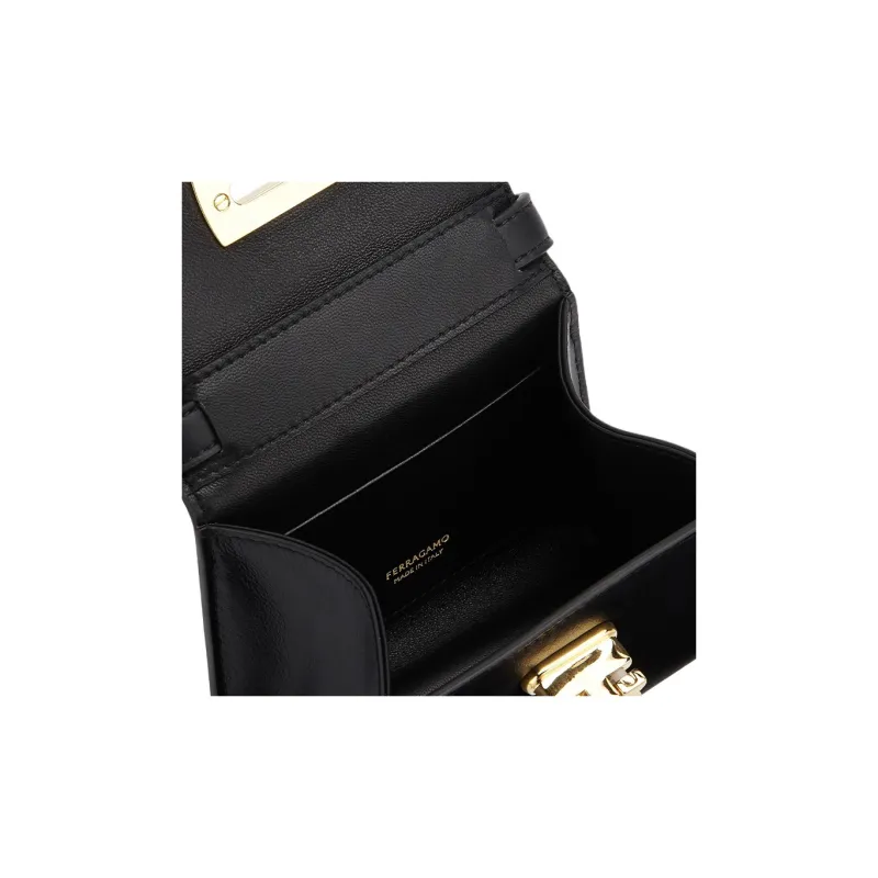 FERRAGAMO GANCINI Smooth Cow Leather One Shoulder Crossbody Card Holder Women's Black-3