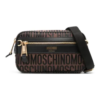 MOSCHINO Calfskin Crossbody Bags Fanny Pack Men's Chocolate Brown With Black Accents