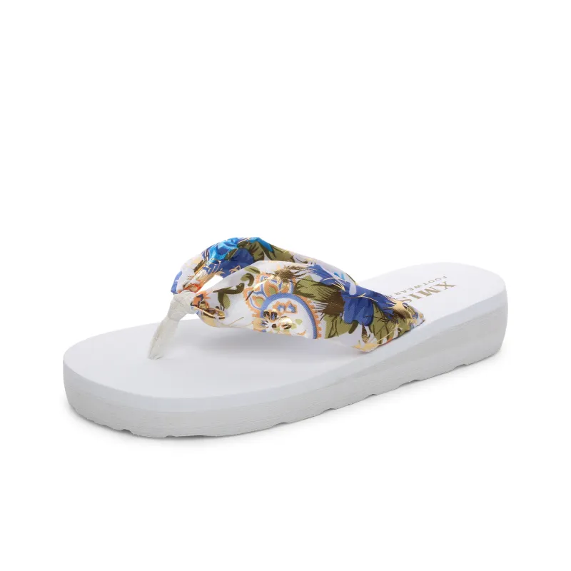 XMISTUO Bohemian Gold Satin Wedge Heel Sandal With Adjustable Strap Flip Flops Women's-9
