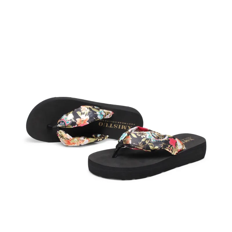 XMISTUO Bohemian Gold Satin Wedge Heel Sandal With Adjustable Strap Flip Flops Women's-3