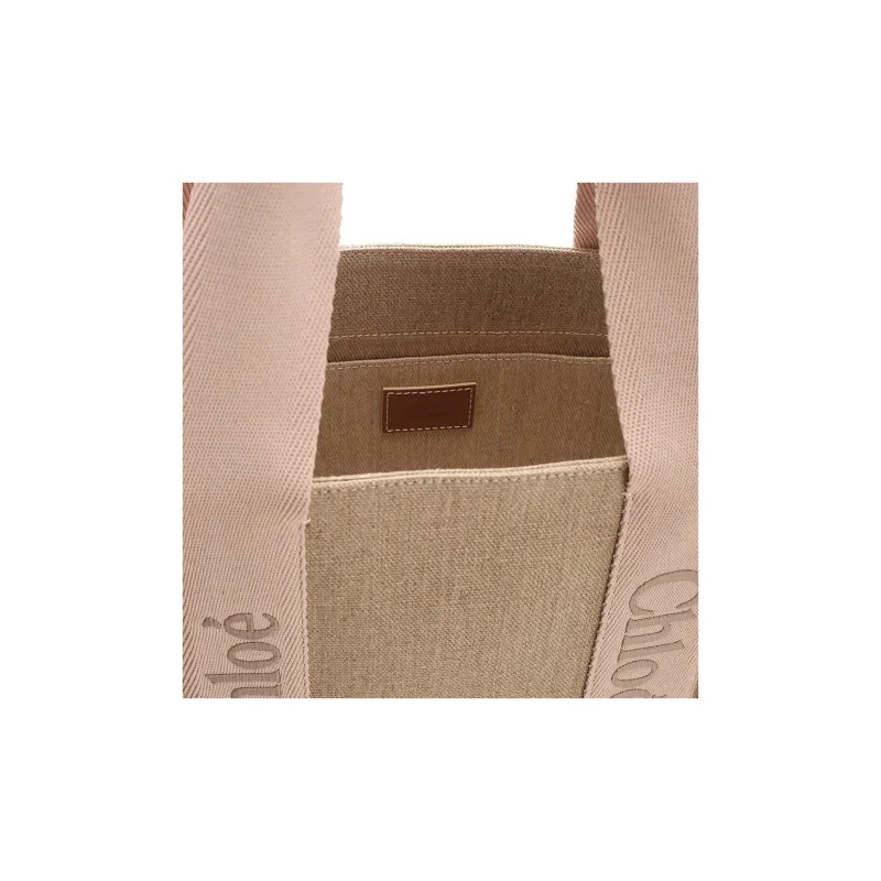 Chloe Woody Linen Canvas With Calfskin Canvas Bag Tote Bag Shopping Bag Handbag Women's Beige-3