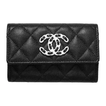 CHANEL Embossed Calfskin With Grains Card Holder Wallet Women's Black