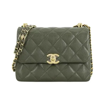 CHANEL Litchi Cow Leather Square Chubby Envelope Bag Shoulder Bag Crossbody Bag Small Size Women's Olive Green