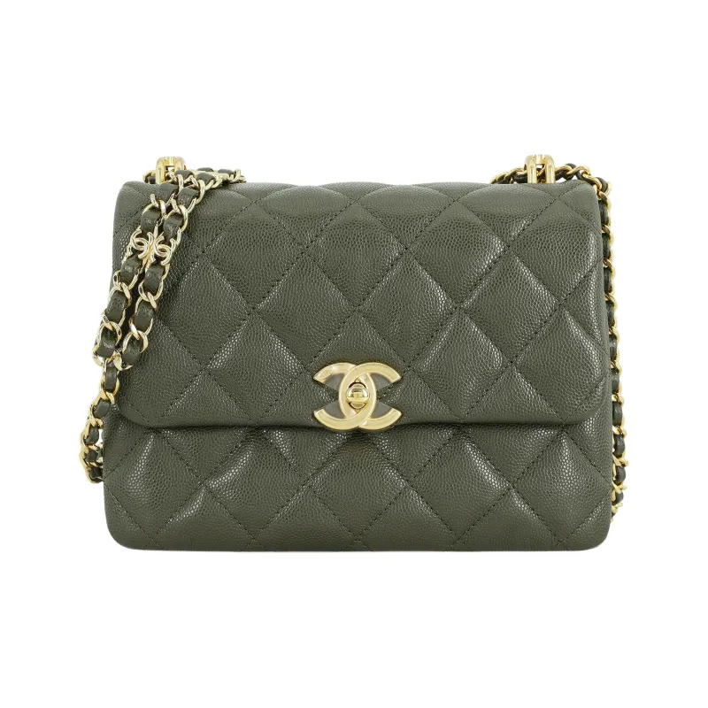 CHANEL Litchi Cow Leather Square Chubby Envelope Bag Shoulder Bag Crossbody Bag Small Size Women's Olive Green-0