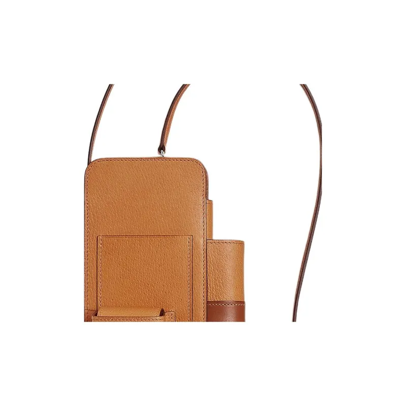 HERMES Pigskin Bonded Barenia Calfskin One Shoulder Crossbody Cell Phone Pouch Women's Tawny/Black Wood Color-1