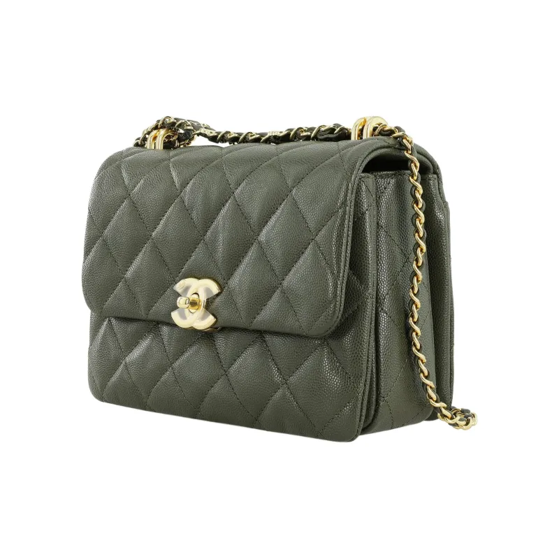 CHANEL Litchi Cow Leather Square Chubby Envelope Bag Shoulder Bag Crossbody Bag Small Size Women's Olive Green-1