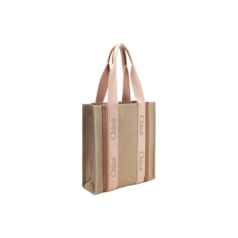 Chloe Woody Linen Canvas With Calfskin Canvas Bag Tote Bag Shopping Bag Handbag Women's Beige-1