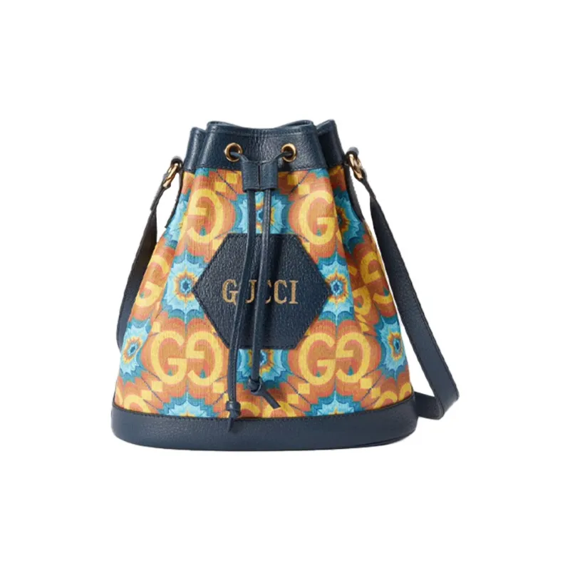 GUCCI Ophidia Leather Canvas Bucket Bags Shoulder Bag Crossbody Bag Mini Unisex Orange & Dark Blue-1
