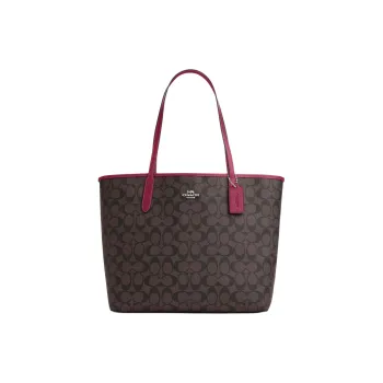 COACH City Leather Tote Bag, Shopping Bag, Shoulder Bag, Handbag Tubas Women's Silver & Brown & Bright Purple