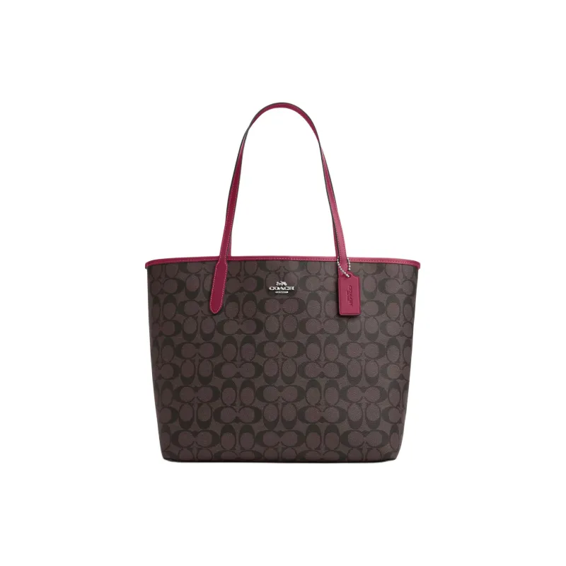 COACH City Leather Tote Bag, Shopping Bag, Shoulder Bag, Handbag Tubas Women's Silver & Brown & Bright Purple-0
