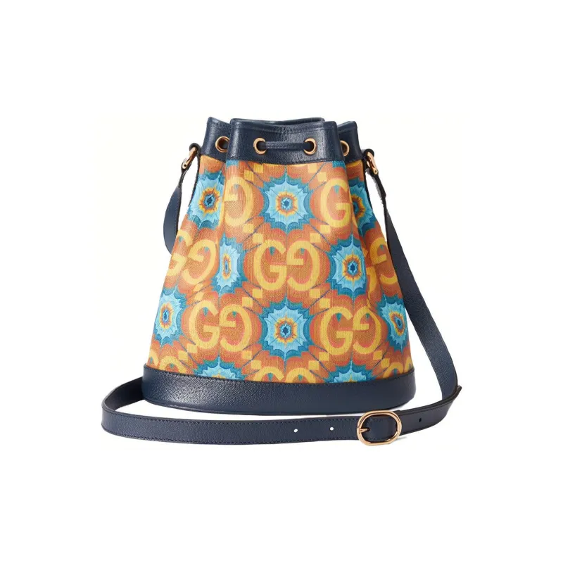 GUCCI Ophidia Leather Canvas Bucket Bags Shoulder Bag Crossbody Bag Mini Unisex Orange & Dark Blue-3