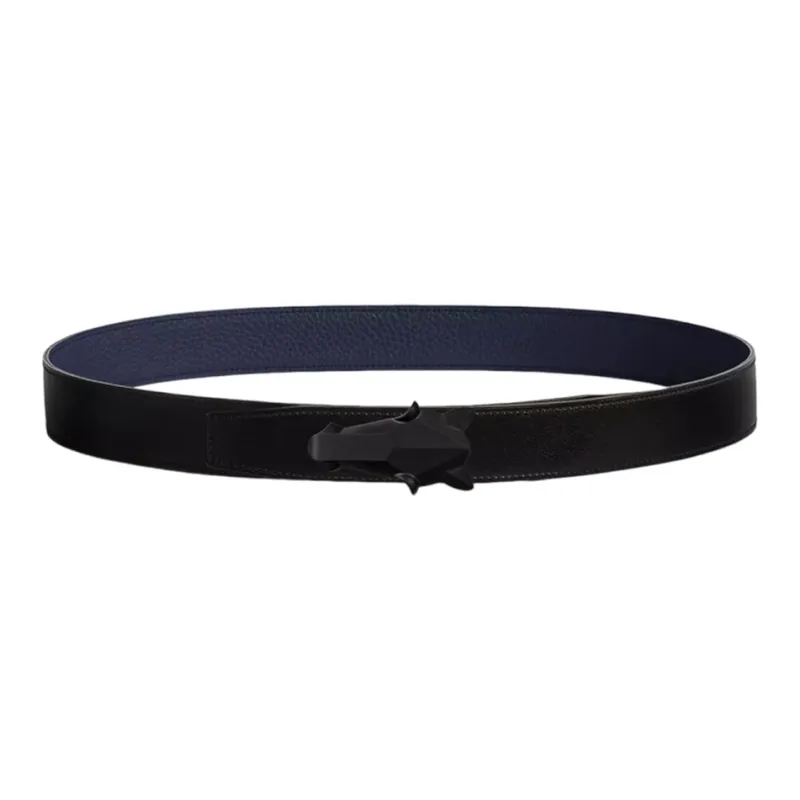 HERMES Horsehead Buckle, Smooth Buckle Leather Belts Men's Black/Blue Width 3.2cm-0