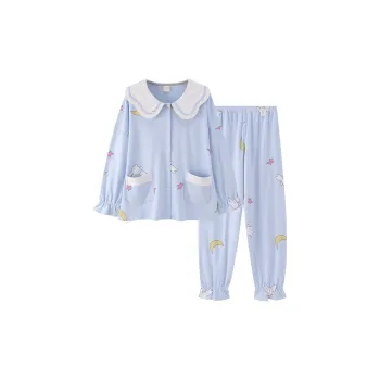 White Ran Outerwear-Ready 100% Cotton Long-Sleeved Loose Fit Loungewear Women's Refreshing Blue